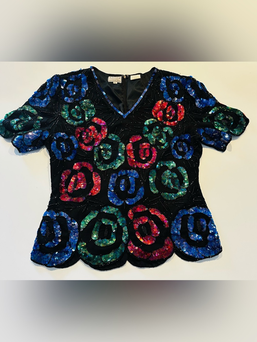 Statement Sequin Top Large Black Floral Beaded Party Cocktail Silk Stenay Vtg